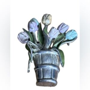 Vintage Pastel Tulip bucket broach  silver with enamel tulips